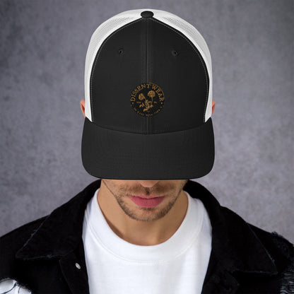 Black and Gold Embroidered Flower Logo Trucker Cap