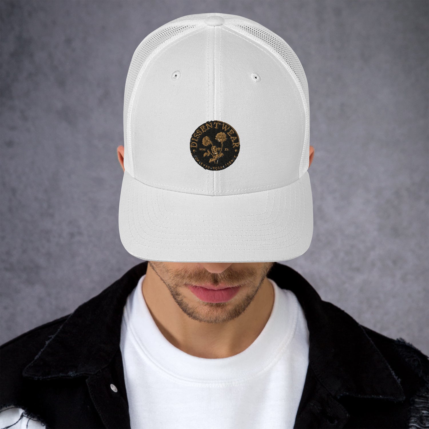Black and Gold Embroidered Flower Logo Trucker Cap