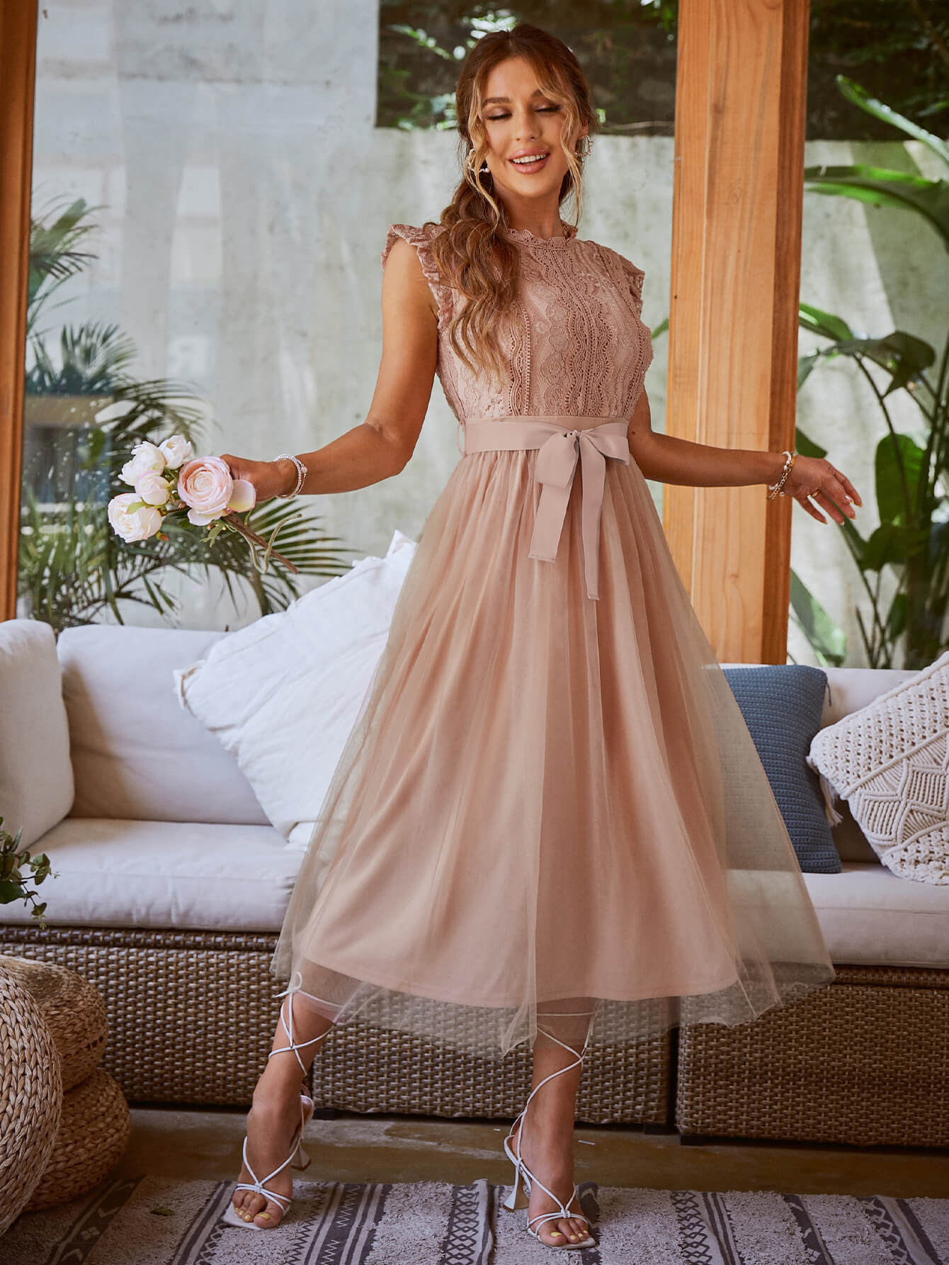 Lace Ruffle Shoulder Mesh Dress