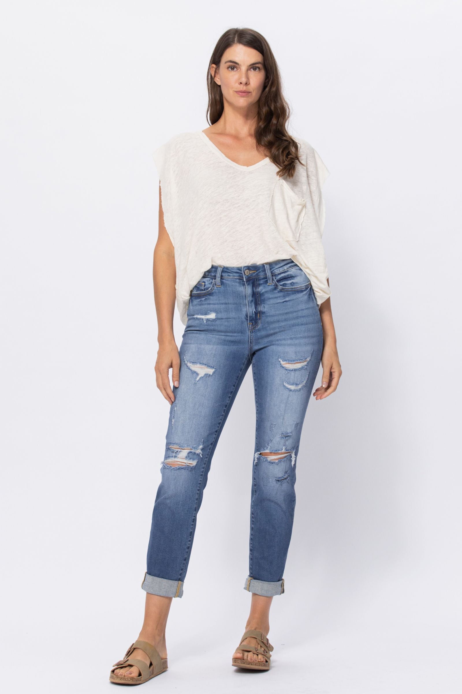 Judy Blue Mid Rise Cuffed Distressed Jeans