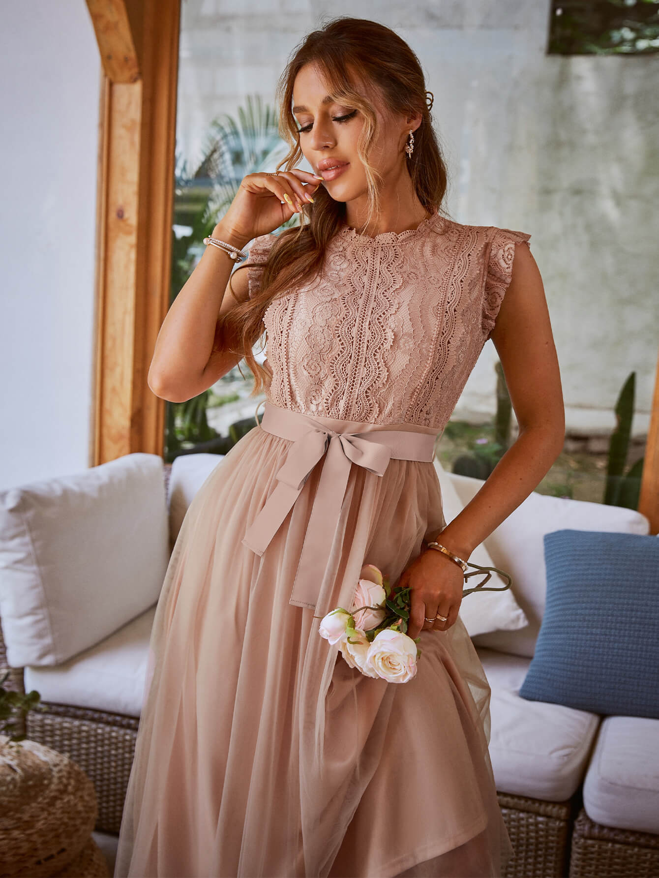 Lace Ruffle Shoulder Mesh Dress