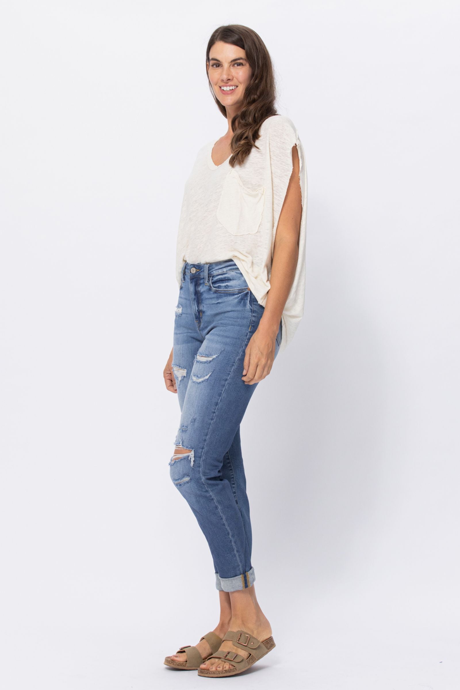 Judy Blue Mid Rise Cuffed Distressed Jeans