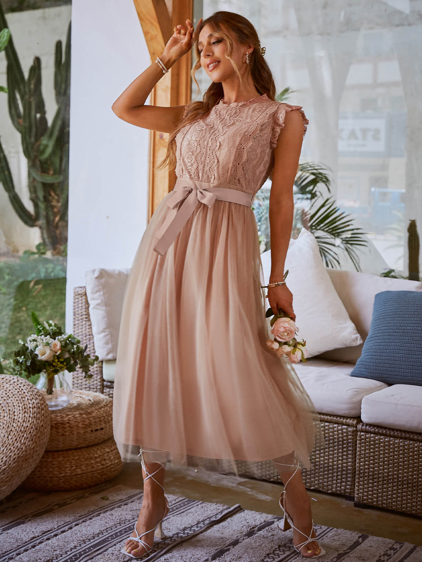 Lace Ruffle Shoulder Mesh Dress