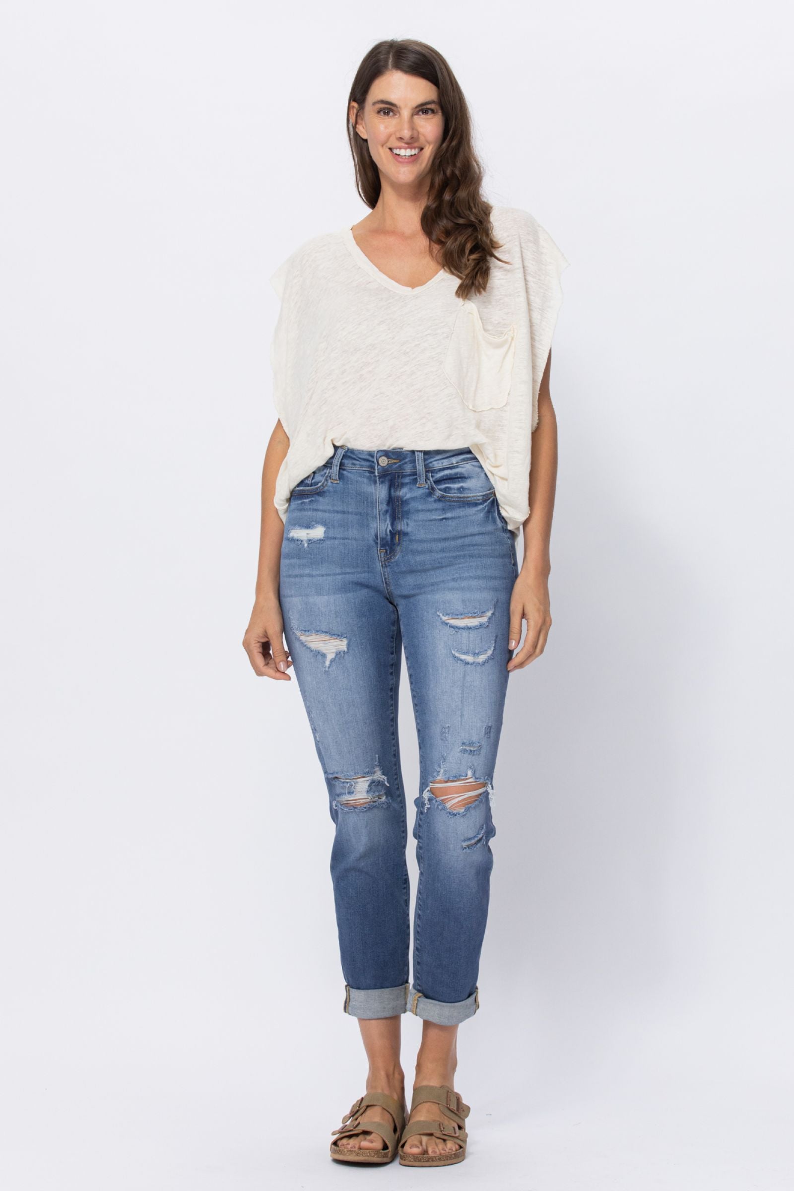 Judy Blue Mid Rise Cuffed Distressed Jeans