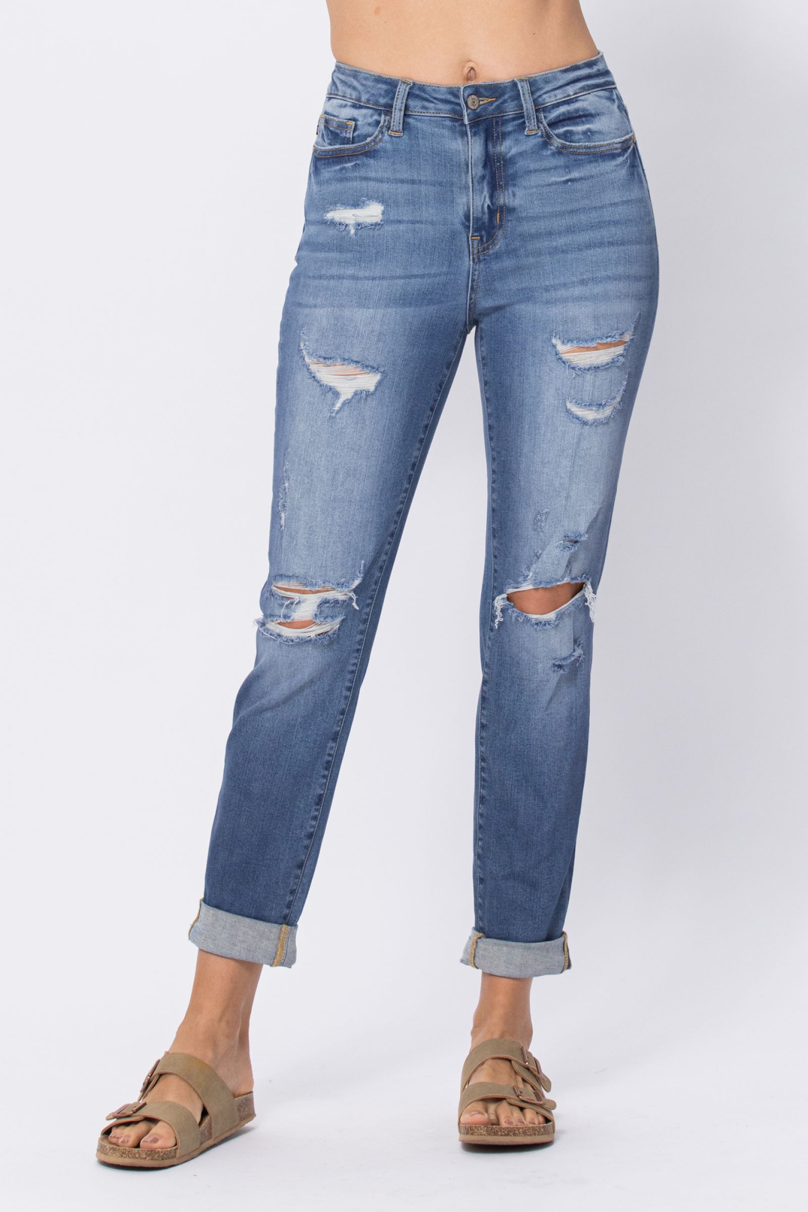 Judy Blue Mid Rise Cuffed Distressed Jeans