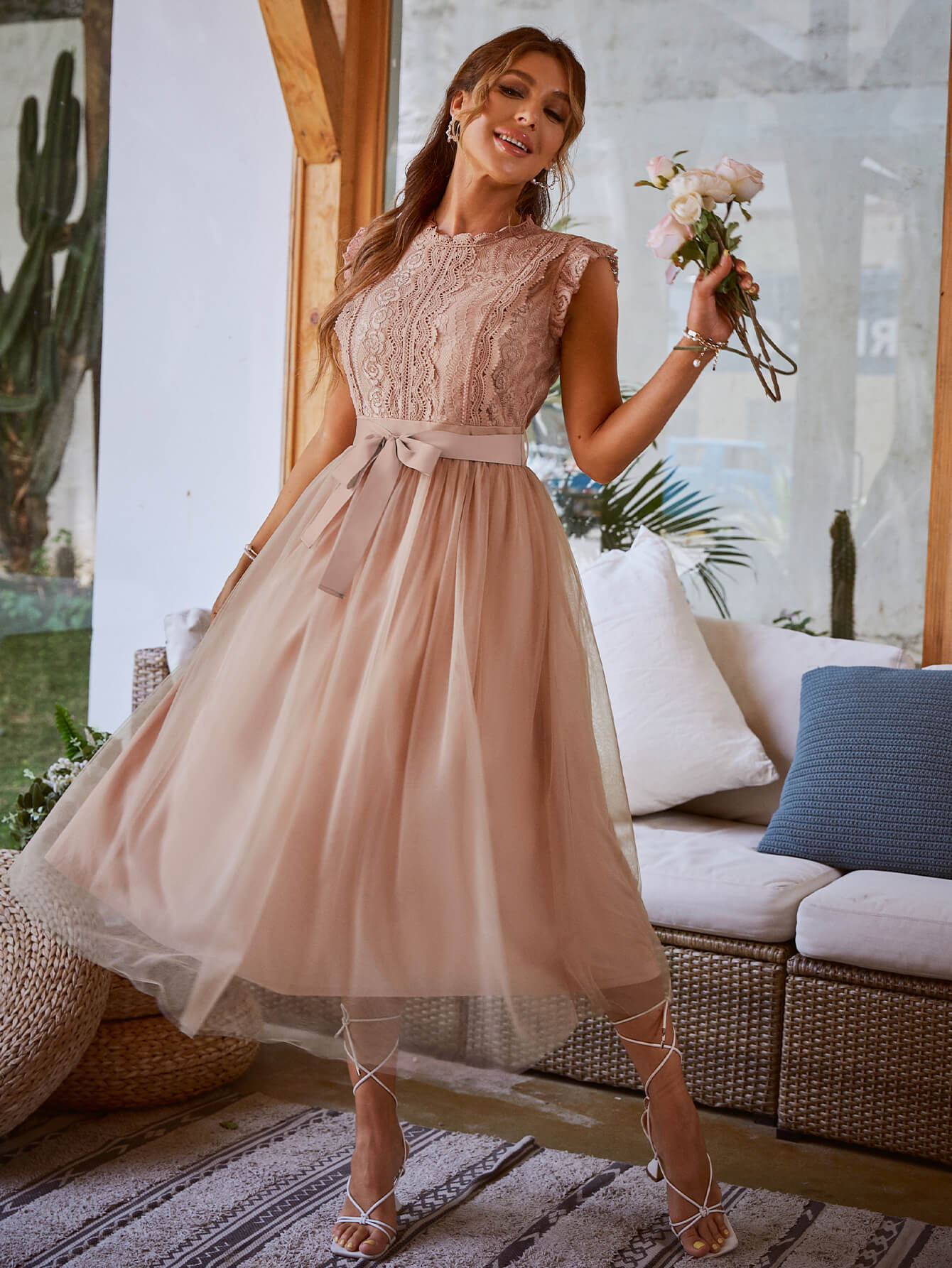 Lace Ruffle Shoulder Mesh Dress