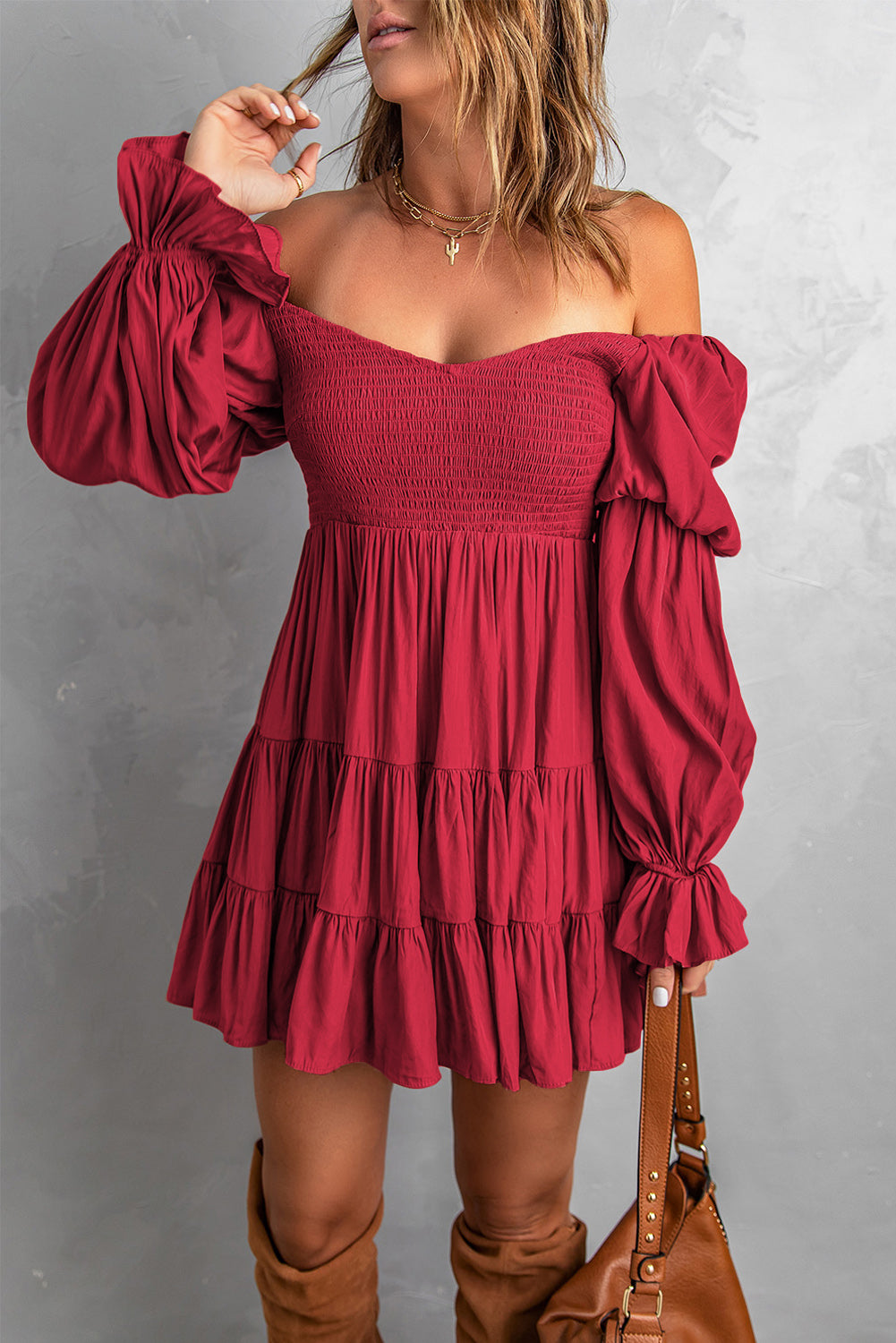 Smocked Off-Shoulder Tiered Mini Dress - multiple color options