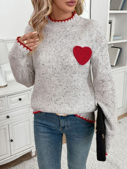 Heart Round Neck Long Sleeve Sweater