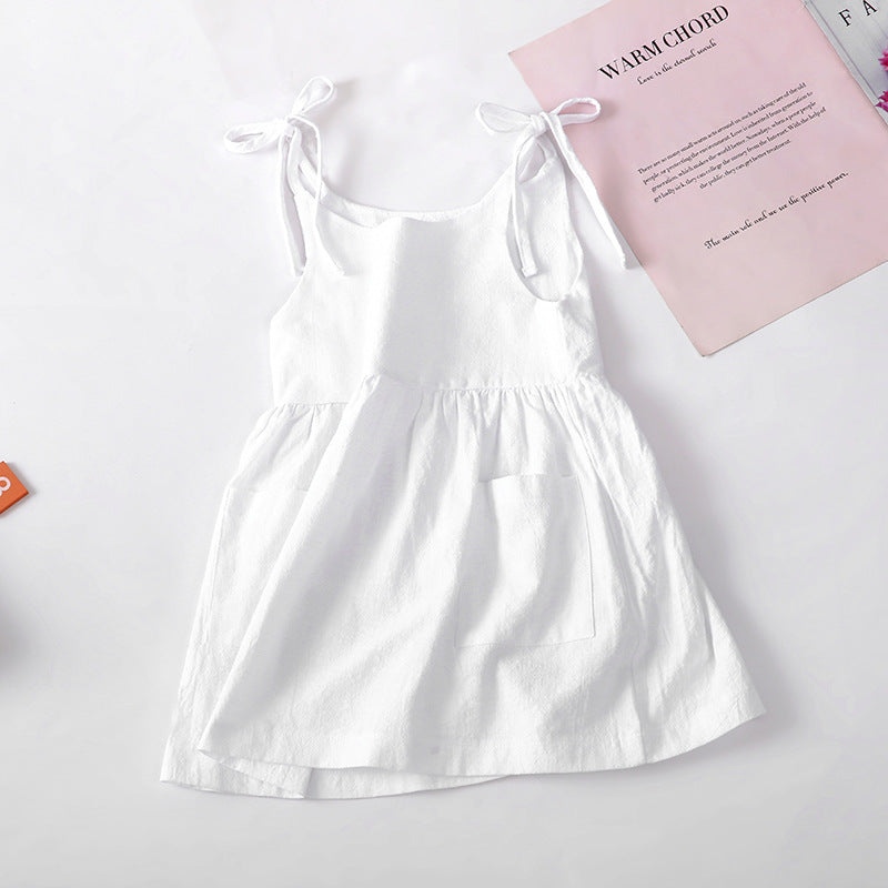 Ins Girls Summer Solid Color Cotton And Linen 2 Side Pocket Suspender Dress Tie Children&