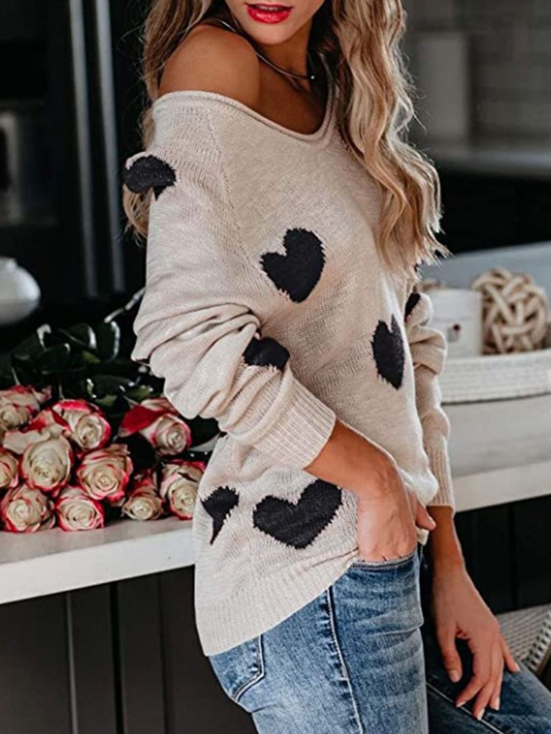 Heart Scoop Neck Long Sleeve Sweater