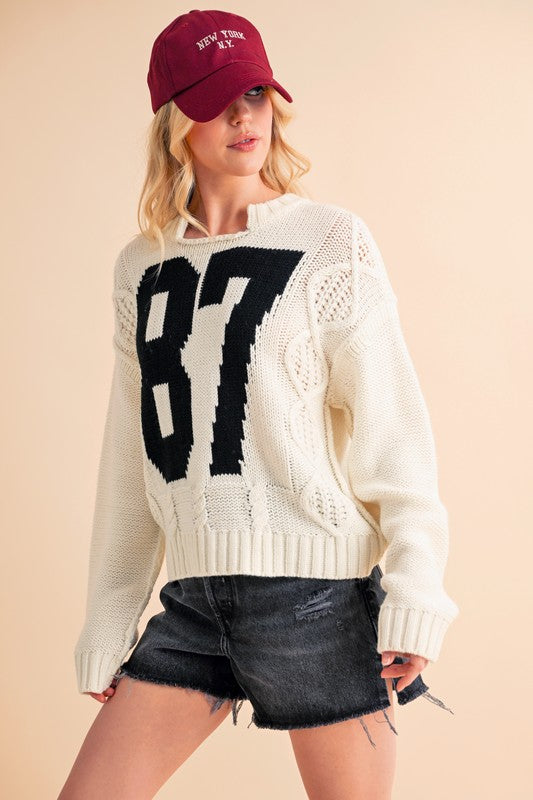 Contrast Number Cable Knit Drop Shoulder Sweater