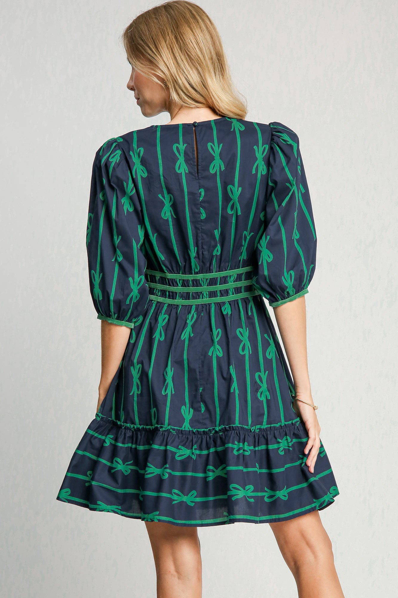 Ribbon Print Frill Contrast Velvet Trim Half Sleeve Dress