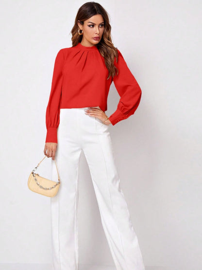 Ruched Mock Neck Long Sleeve Blouse