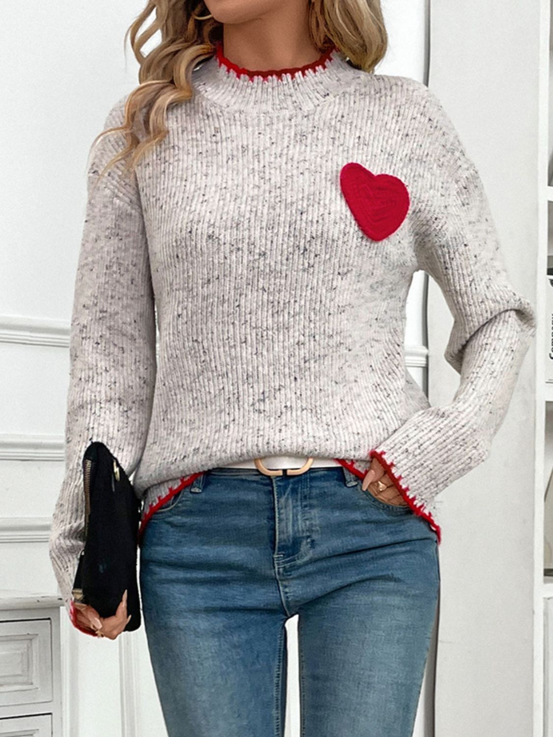 Heart Round Neck Long Sleeve Sweater