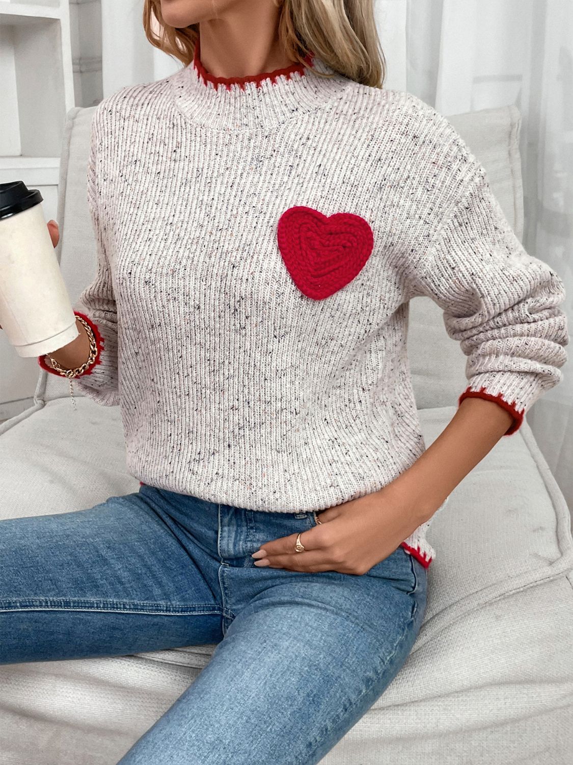 Heart Round Neck Long Sleeve Sweater