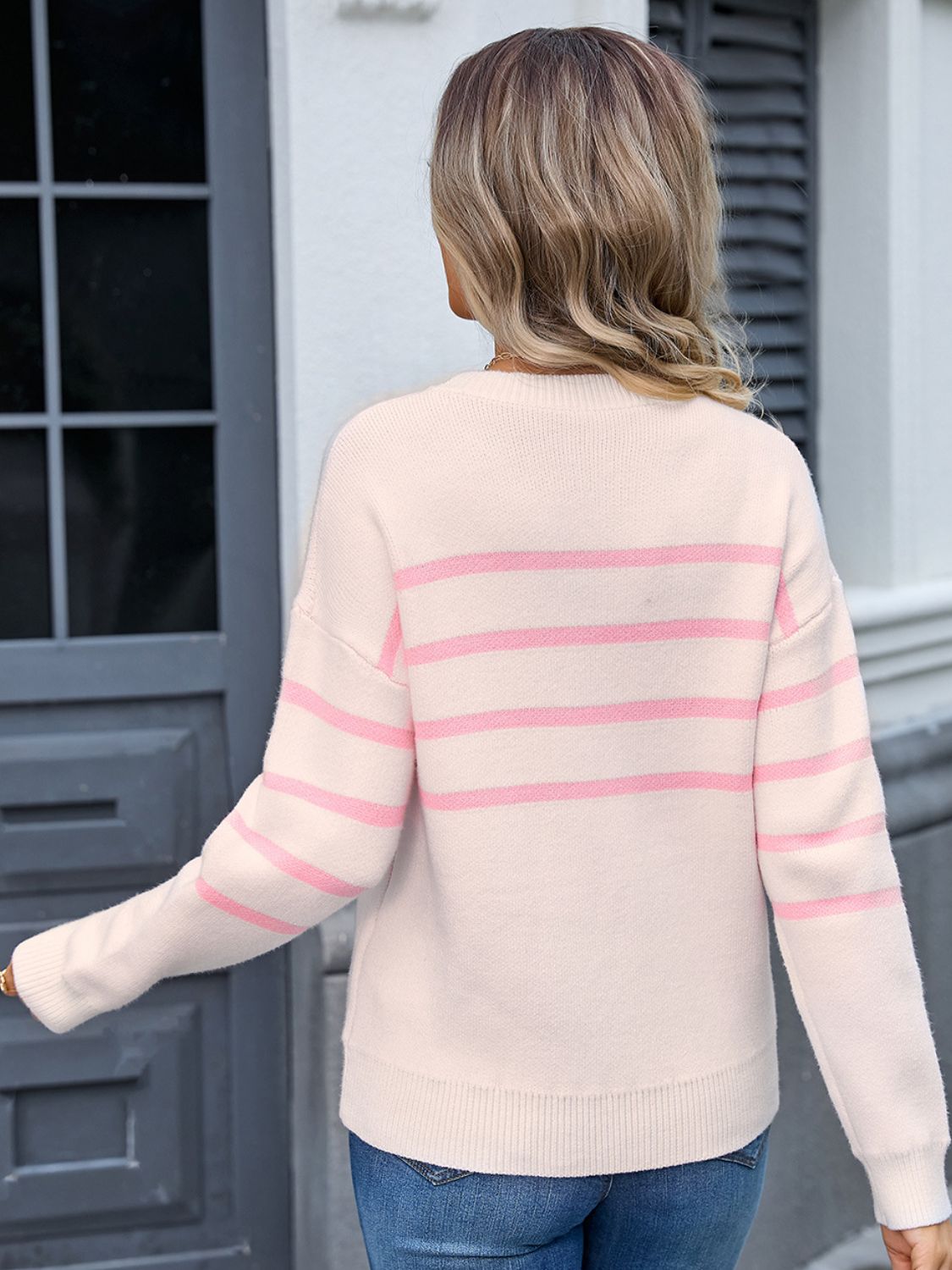 Trendy Bow Striped Round Neck Long Sleeve Sweater