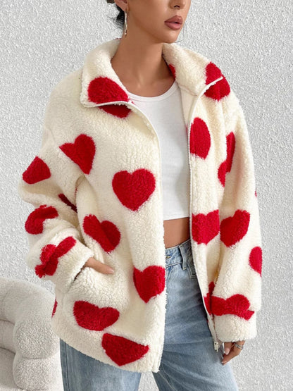 Heart Zip Up Drop Shoulder Furry Jacket