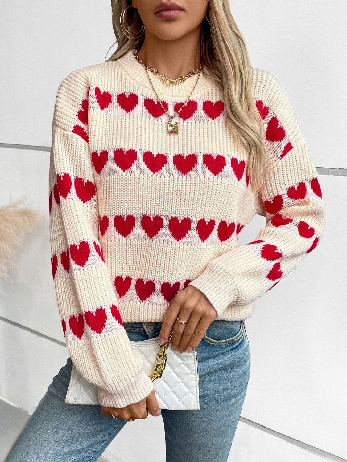 Heart Round Neck Dropped Shoulder Sweater