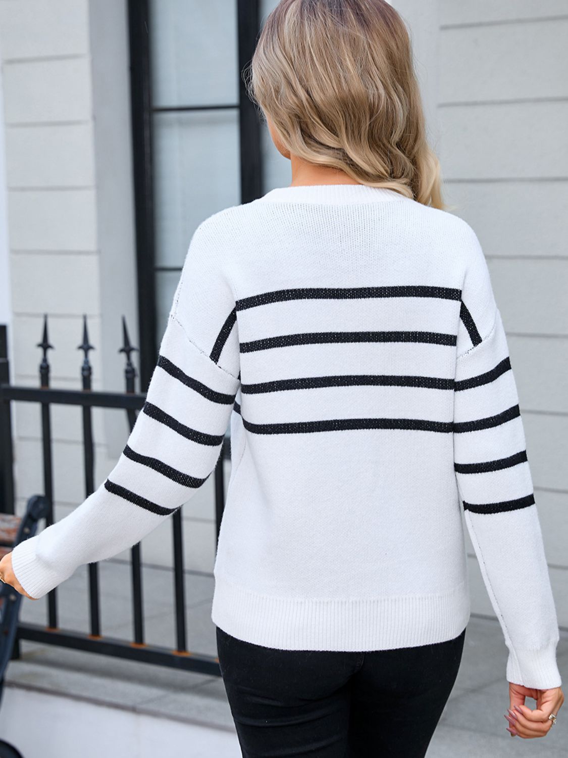 Trendy Bow Striped Round Neck Long Sleeve Sweater