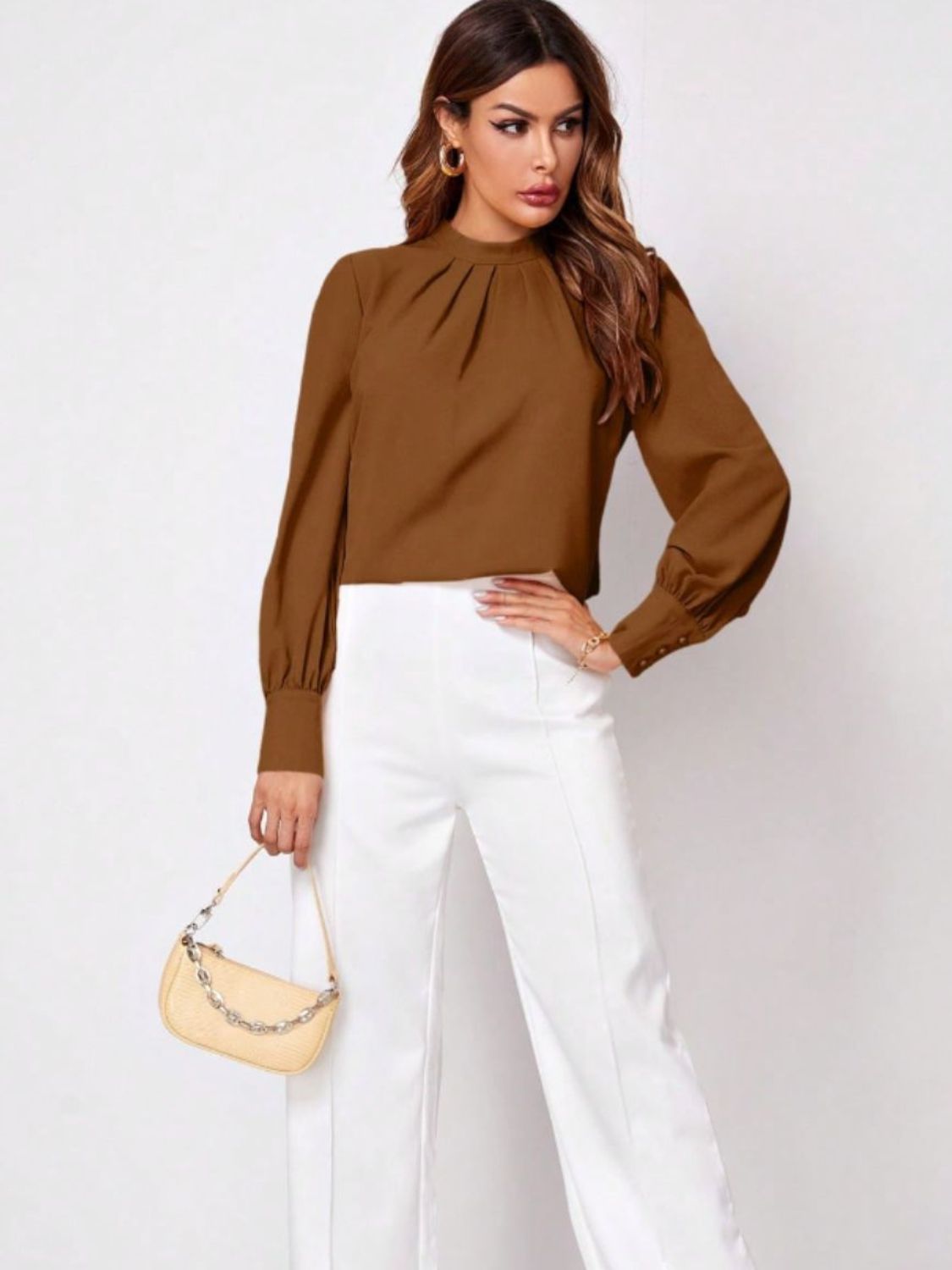 Ruched Mock Neck Long Sleeve Blouse