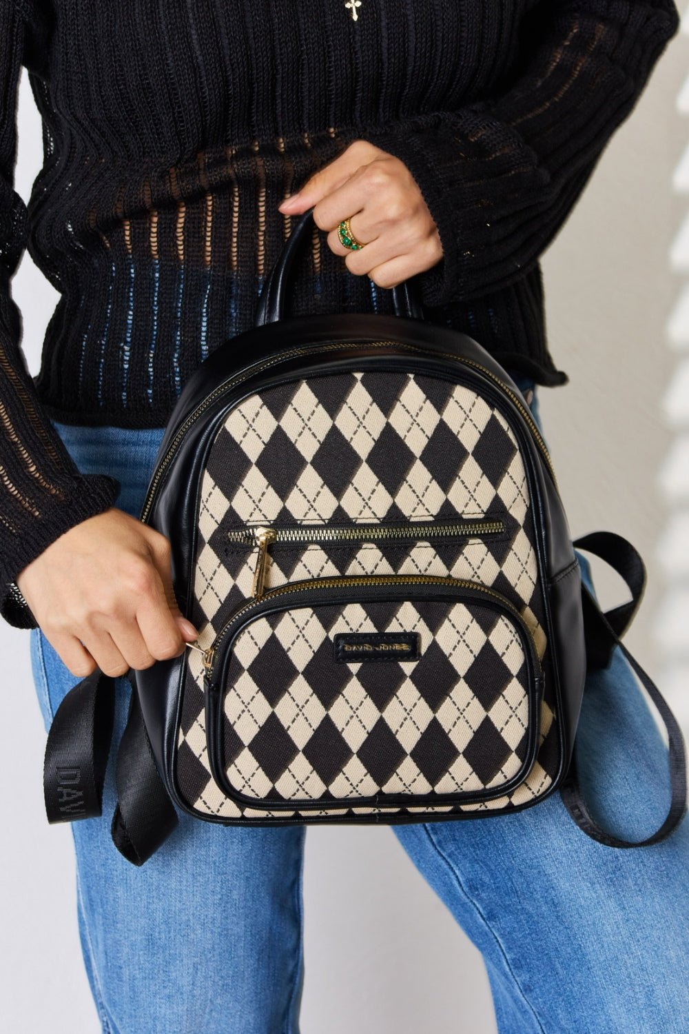 David Jones Argyle Pattern PU Leather Backpack