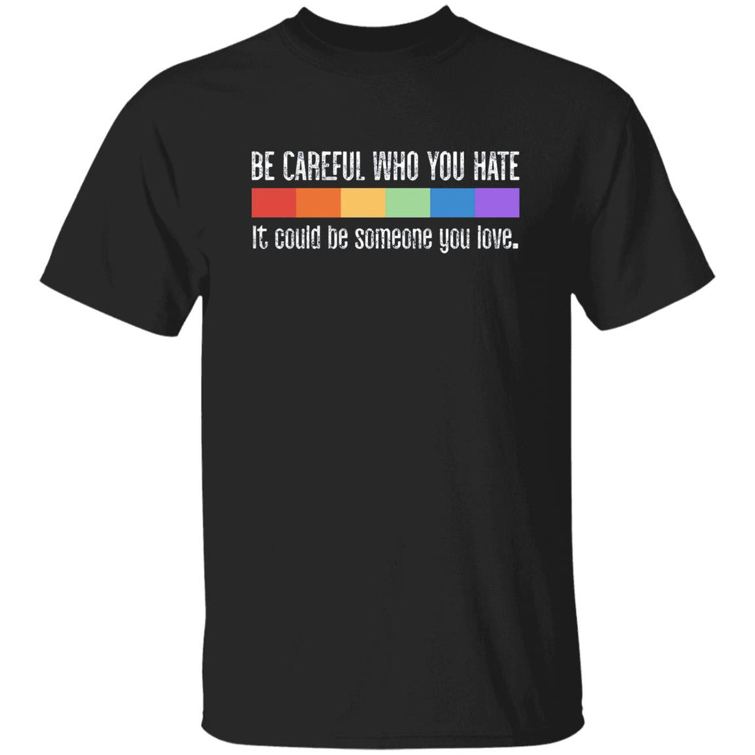 Black T-shirt with a text and rainbow pride flag graphic print on the front.