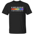 Black T-shirt with a text and rainbow pride flag graphic print on the front.