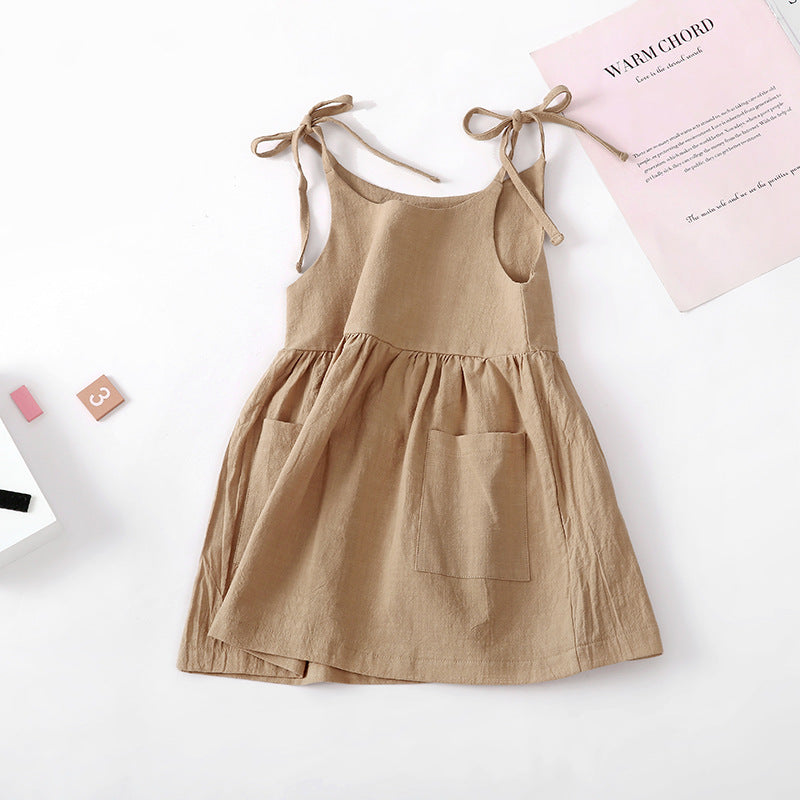 Ins Girls Summer Solid Color Cotton And Linen 2 Side Pocket Suspender Dress Tie Children&