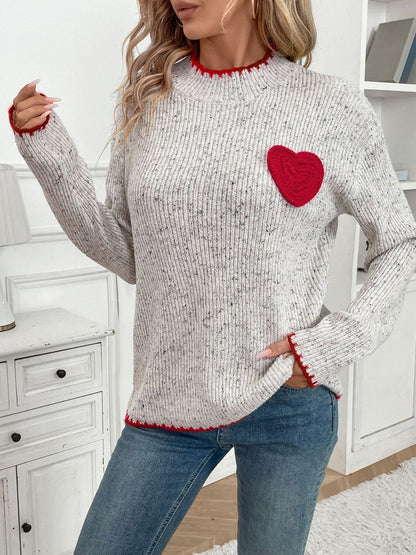 Heart Round Neck Long Sleeve Sweater