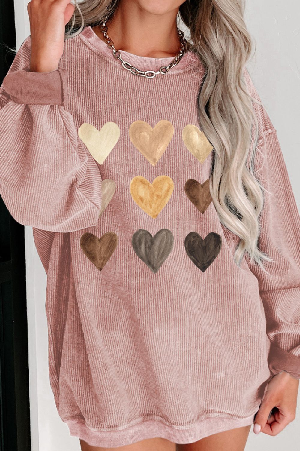 Heart Round Neck Dropped Shoulder Sweatshirt