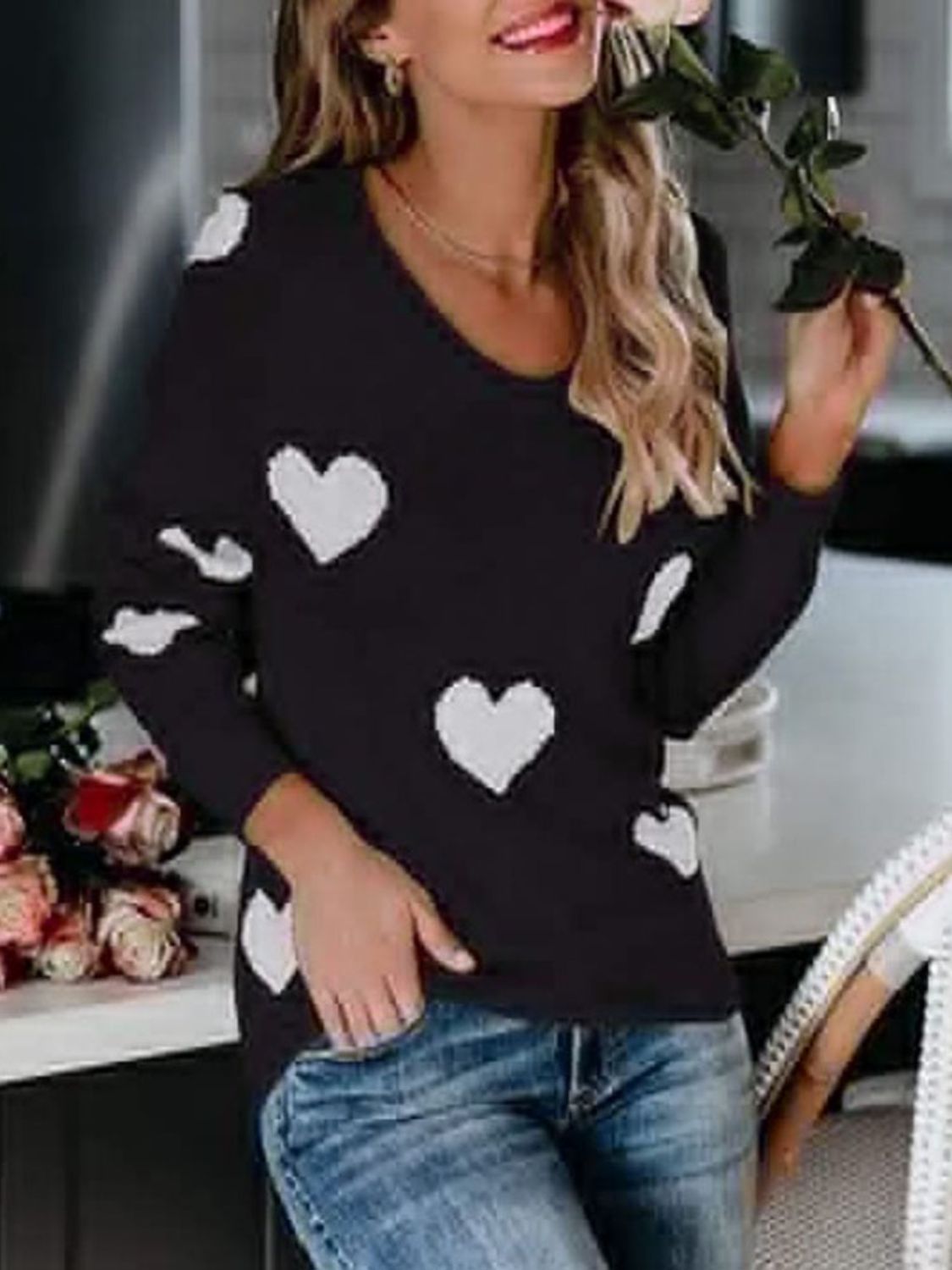 Heart Scoop Neck Long Sleeve Sweater