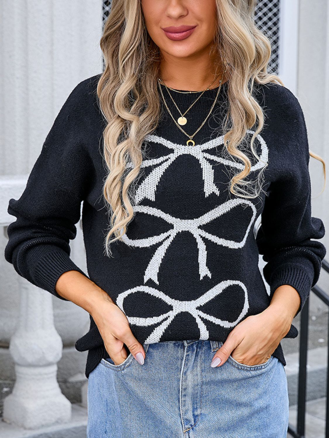 3 Bow Graphic Round Neck Long Sleeve Sweater