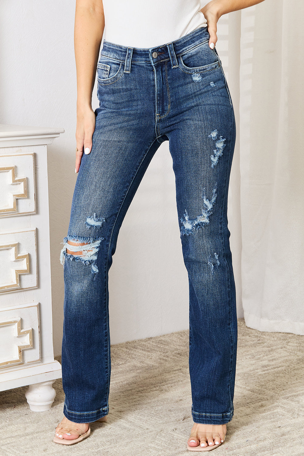 Judy Blue Full Size Mid Rise Hand Sand &amp; Destroy Bootcut Jeans