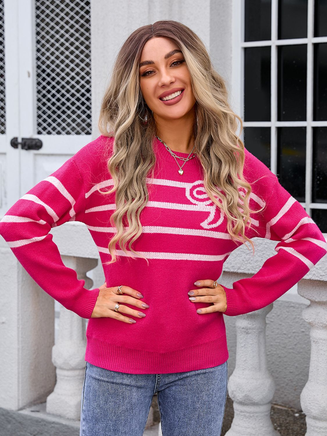 Trendy Bow Striped Round Neck Long Sleeve Sweater