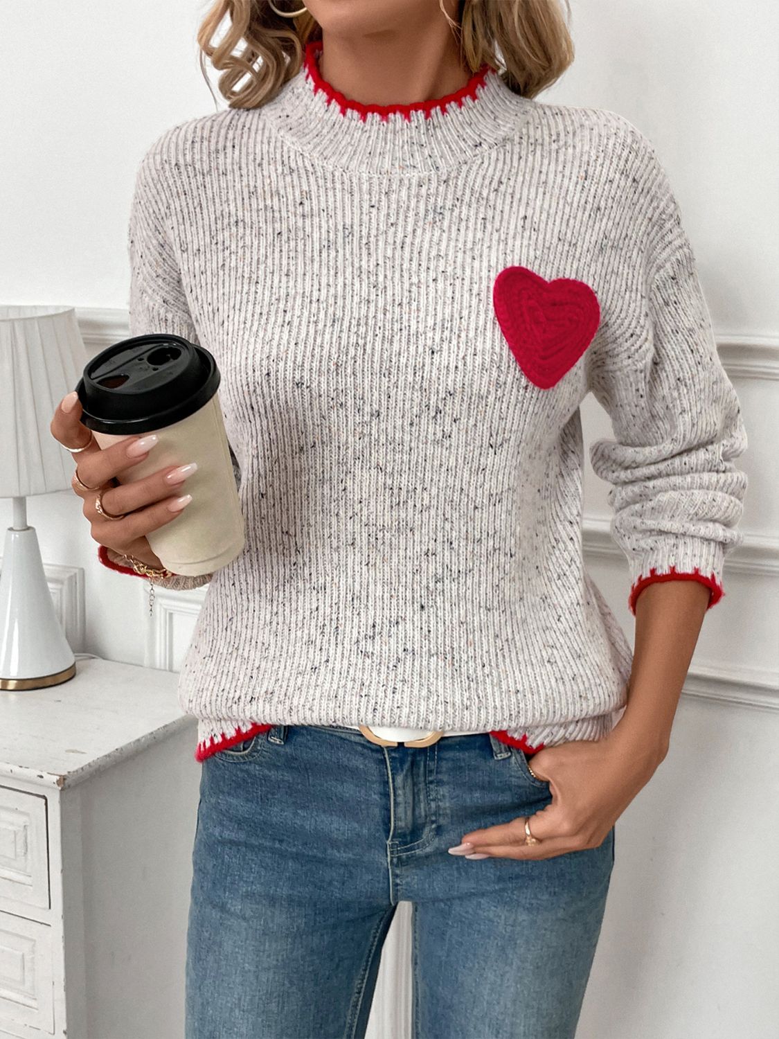 Heart Round Neck Long Sleeve Sweater