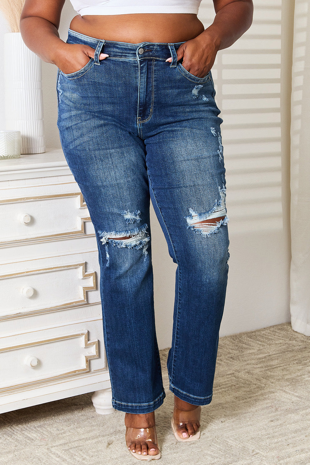 Judy Blue Full Size Mid Rise Hand Sand &amp; Destroy Bootcut Jeans