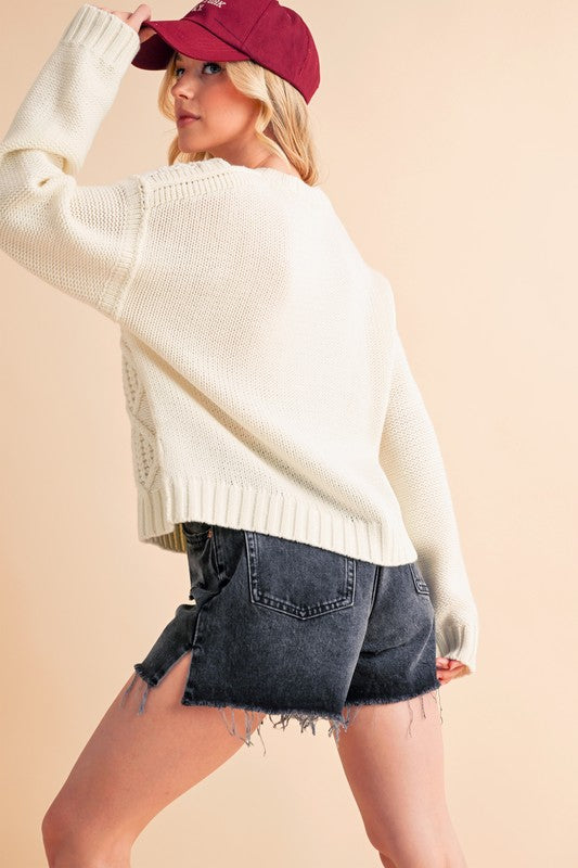 Contrast Number Cable Knit Drop Shoulder Sweater