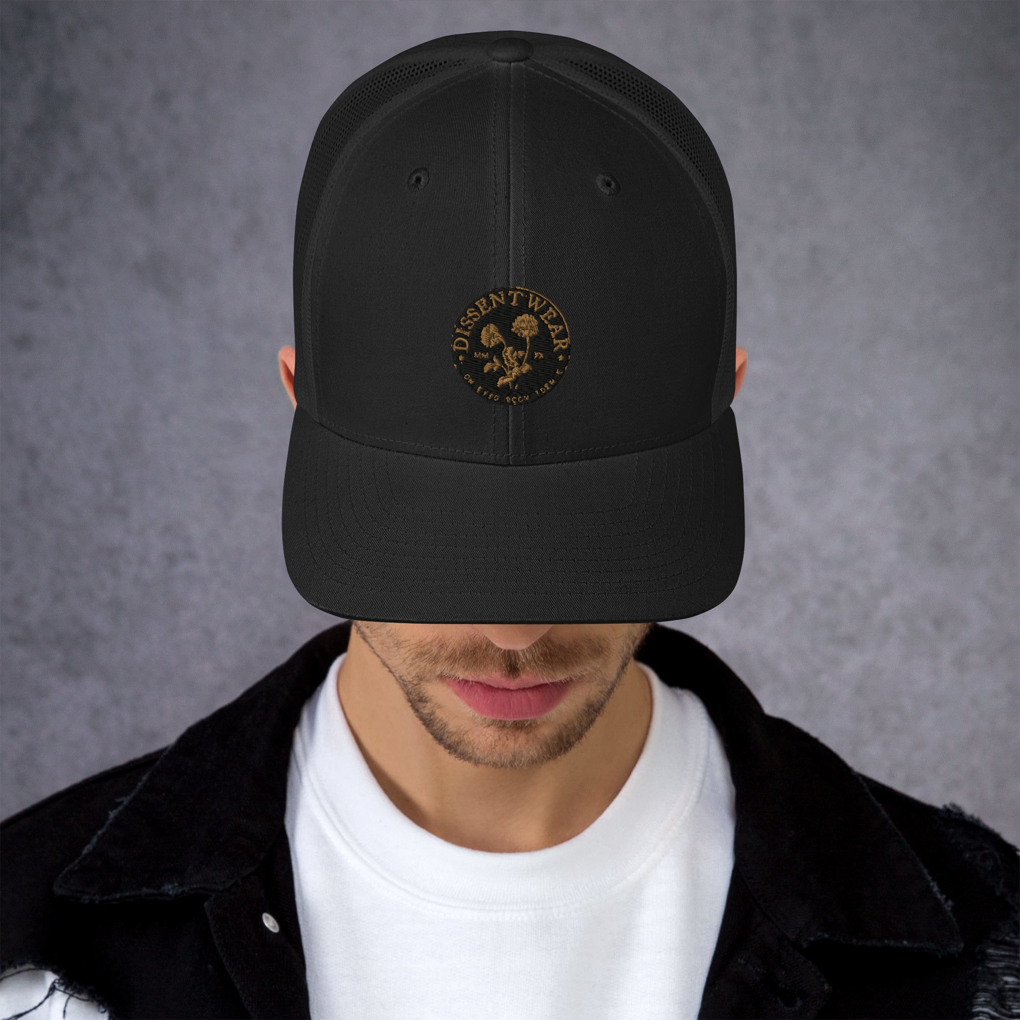 Black and Gold Embroidered Flower Logo Trucker Cap