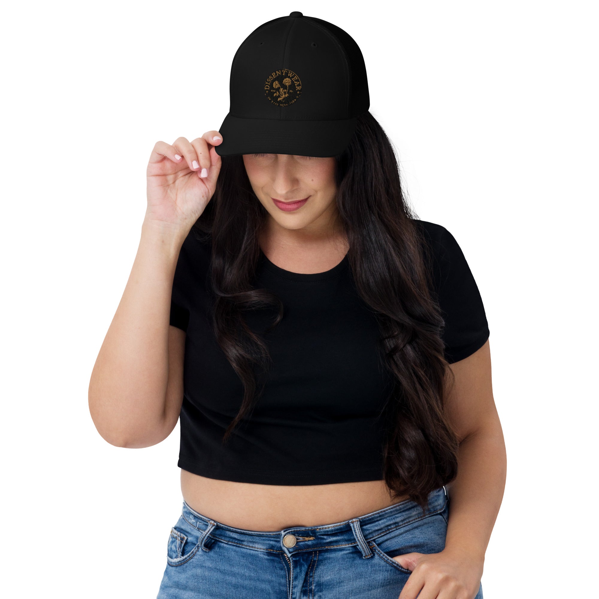 Black and Gold Embroidered Flower Logo Trucker Cap