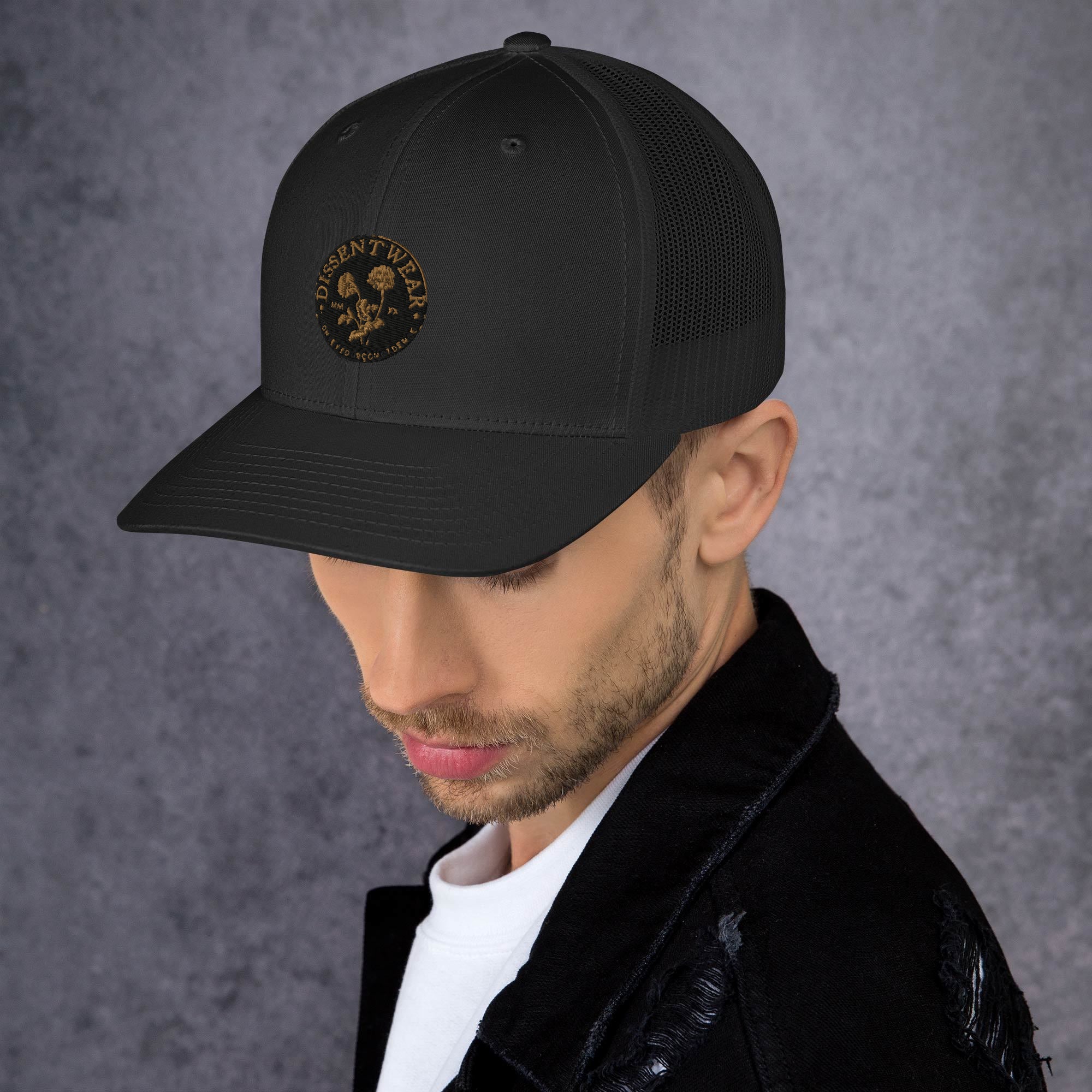 Black and Gold Embroidered Flower Logo Trucker Cap