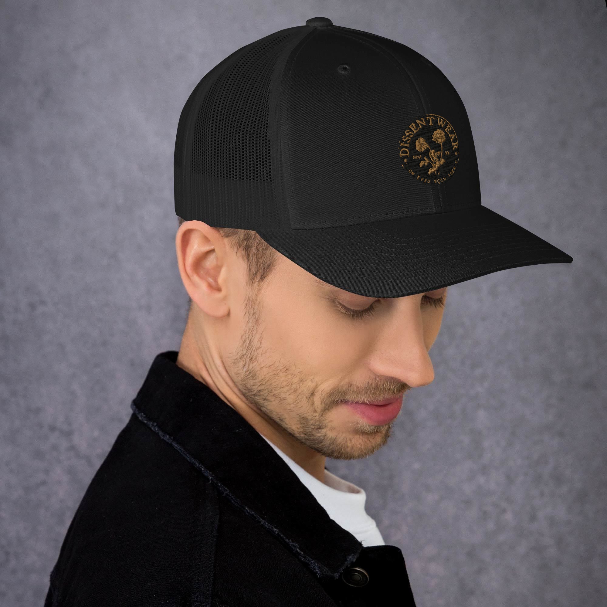 Black and Gold Embroidered Flower Logo Trucker Cap