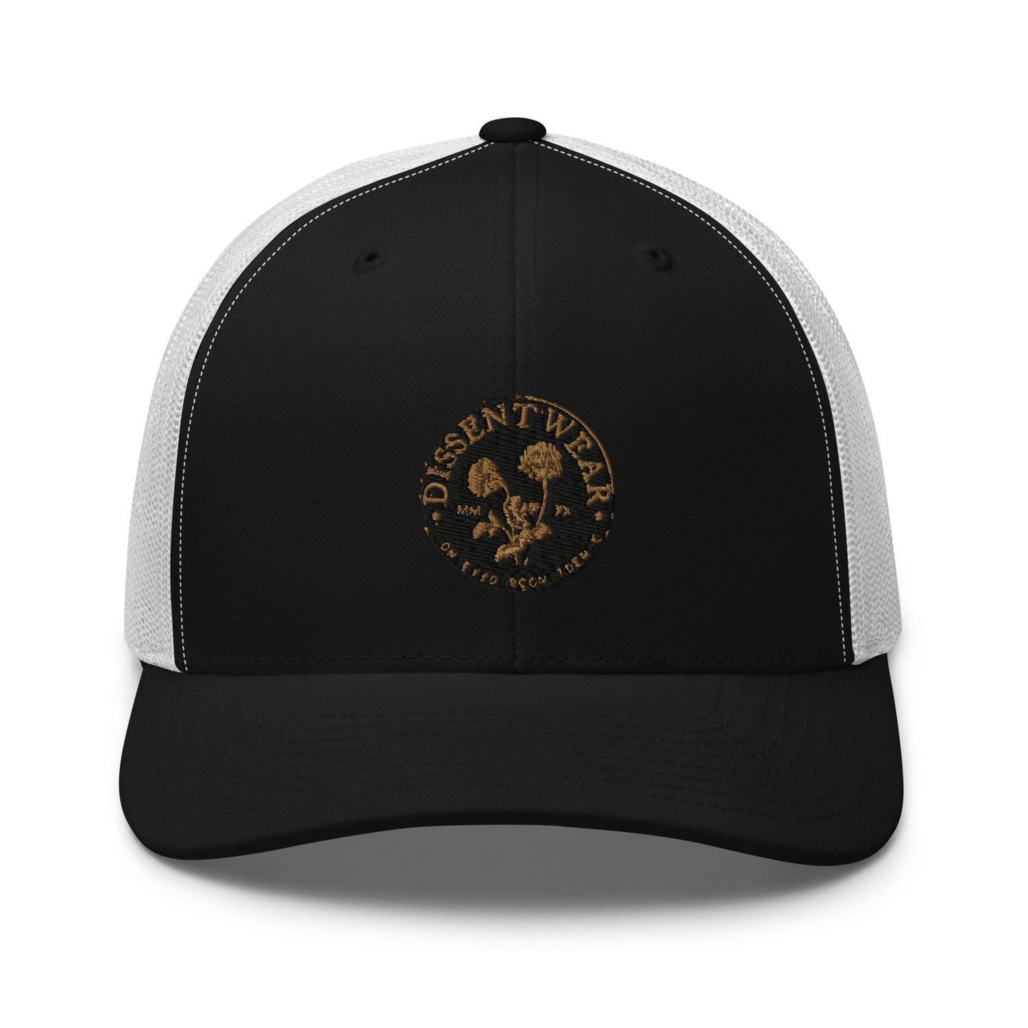 Black and Gold Embroidered Flower Logo Trucker Cap