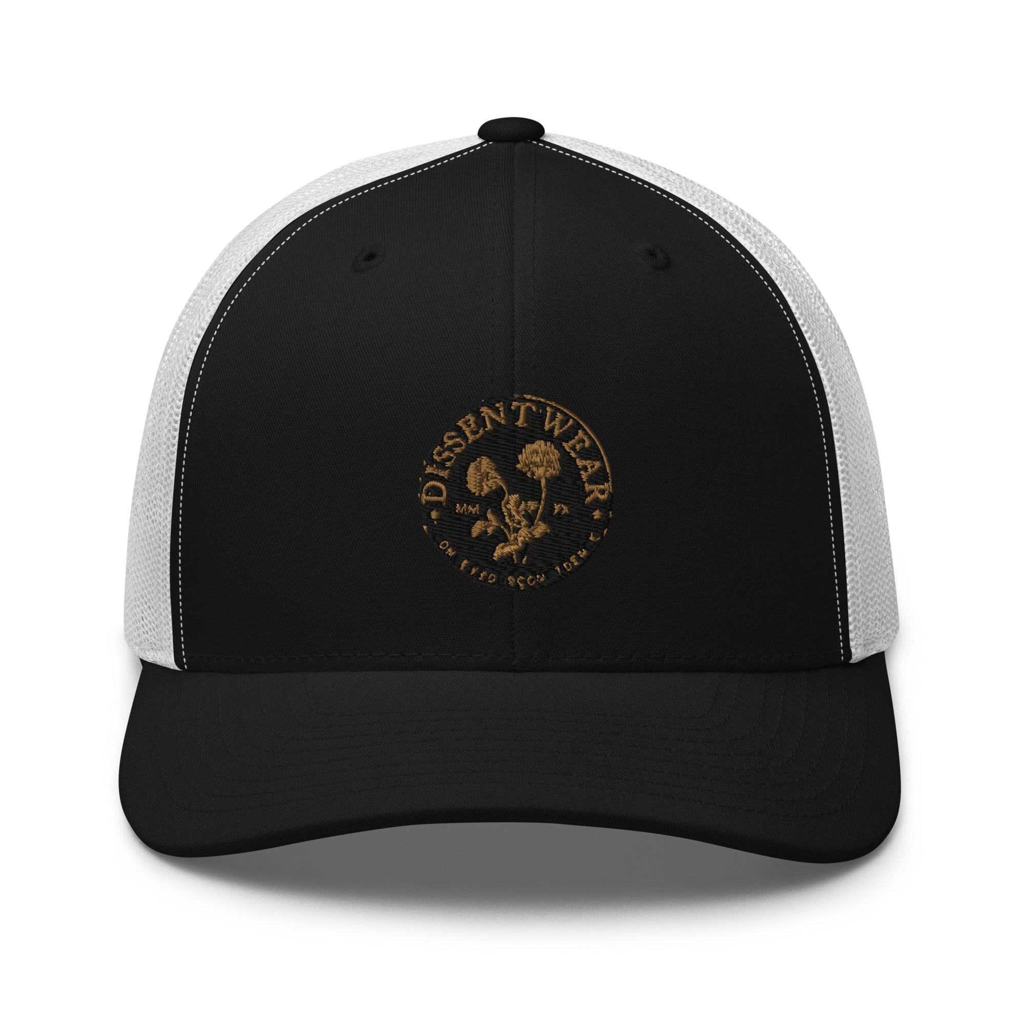 Black and Gold Embroidered Flower Logo Trucker Cap