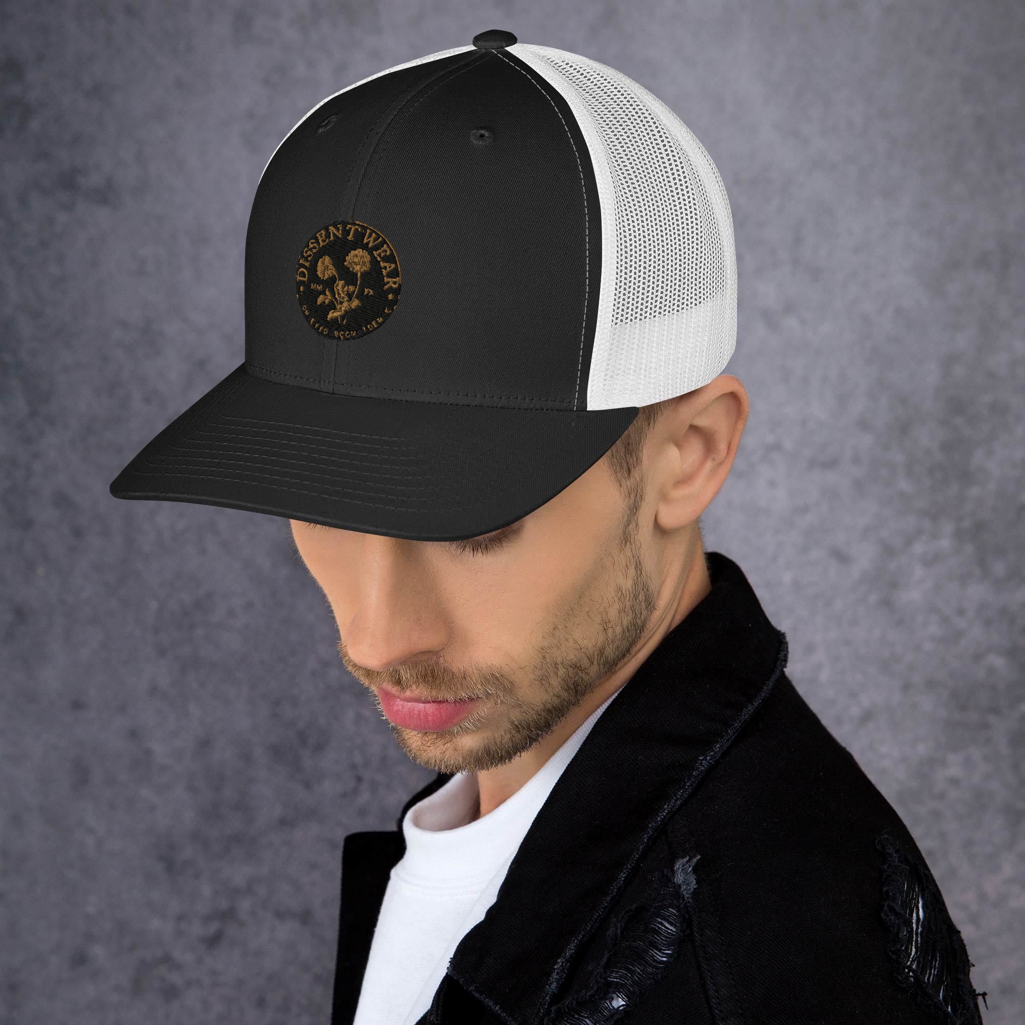 Black and Gold Embroidered Flower Logo Trucker Cap