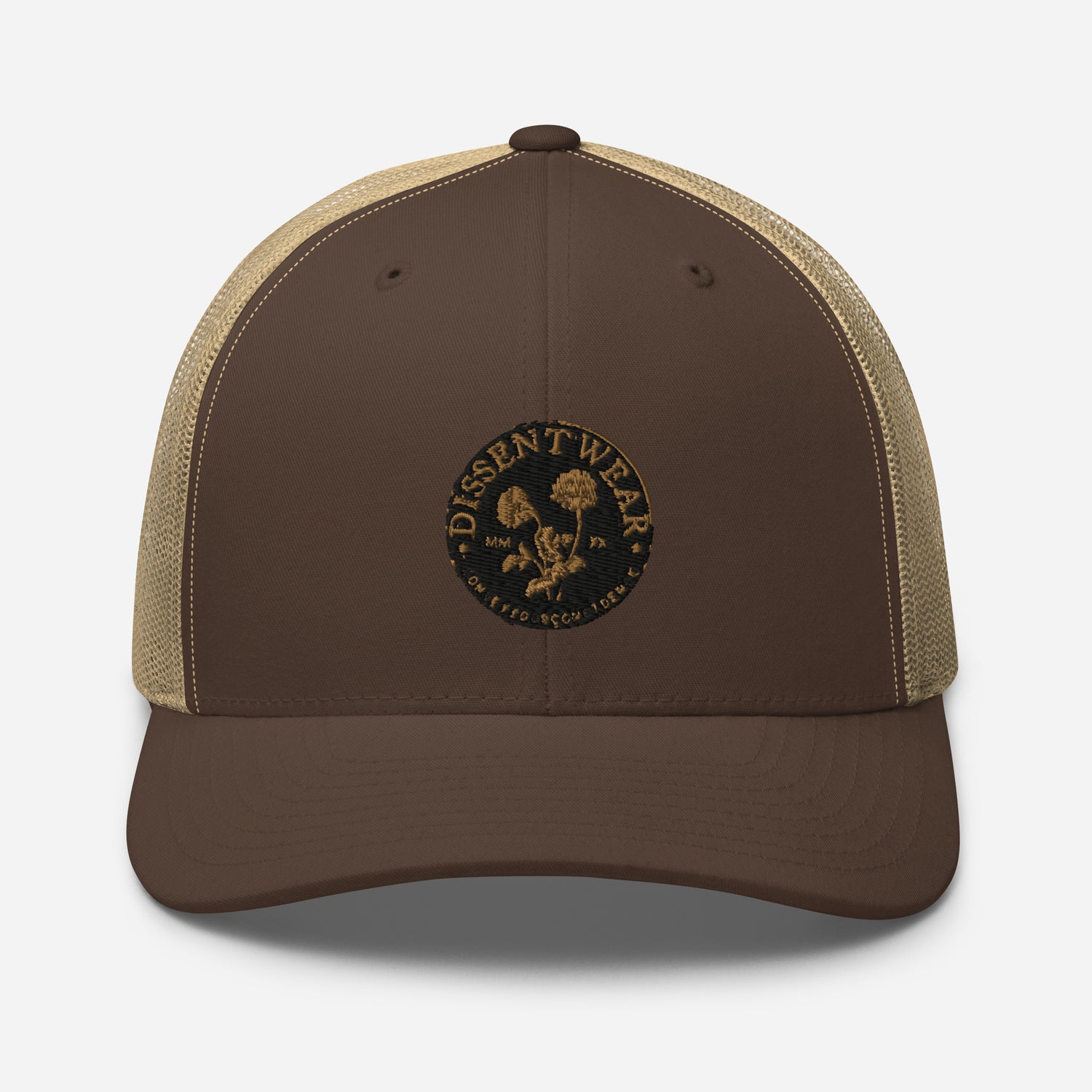 Black and Gold Embroidered Flower Logo Trucker Cap