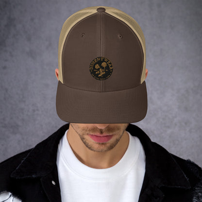 Black and Gold Embroidered Flower Logo Trucker Cap