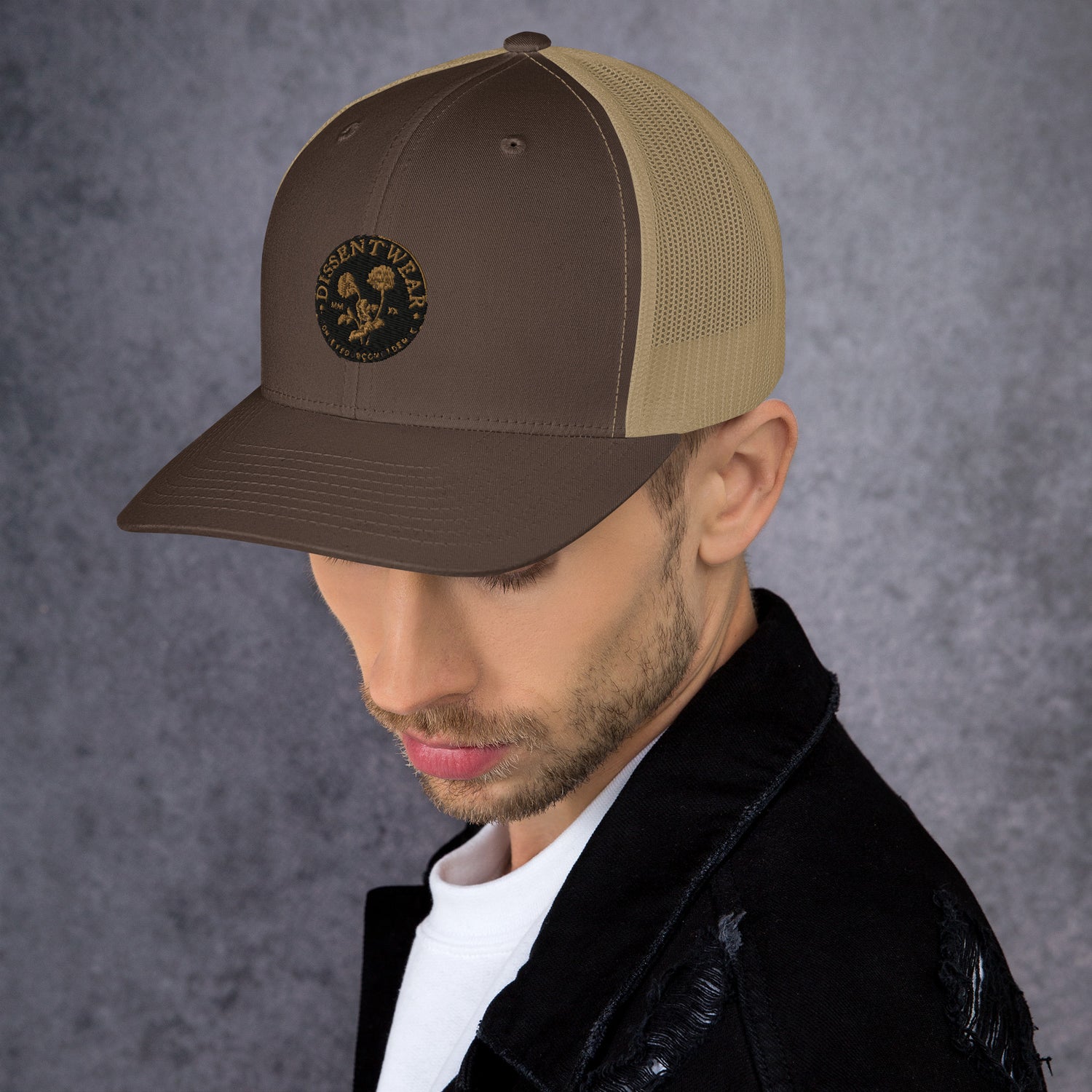 Black and Gold Embroidered Flower Logo Trucker Cap