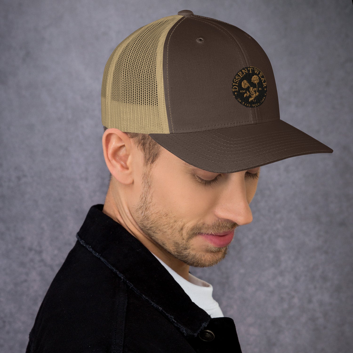 Black and Gold Embroidered Flower Logo Trucker Cap