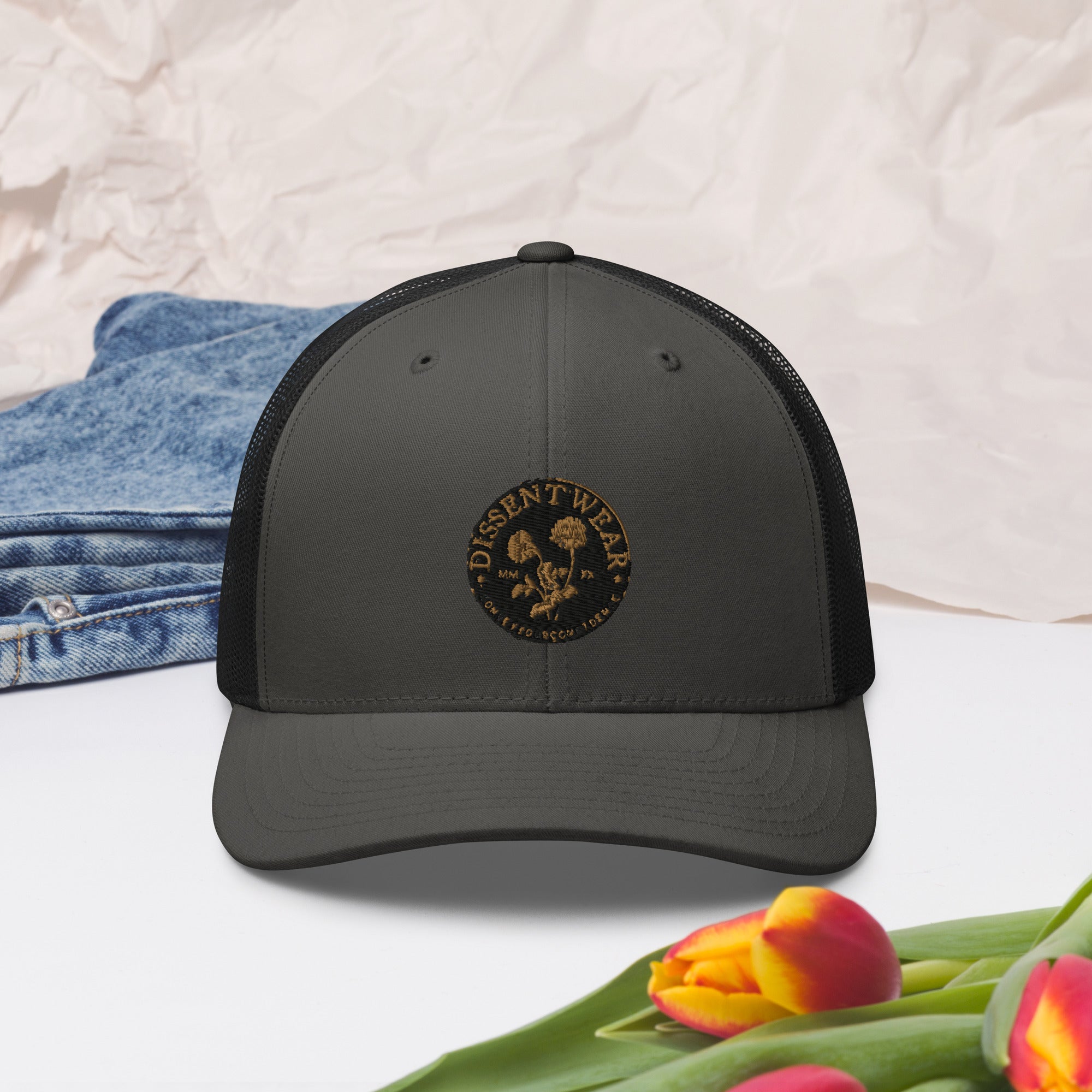 Black and Gold Embroidered Flower Logo Trucker Cap