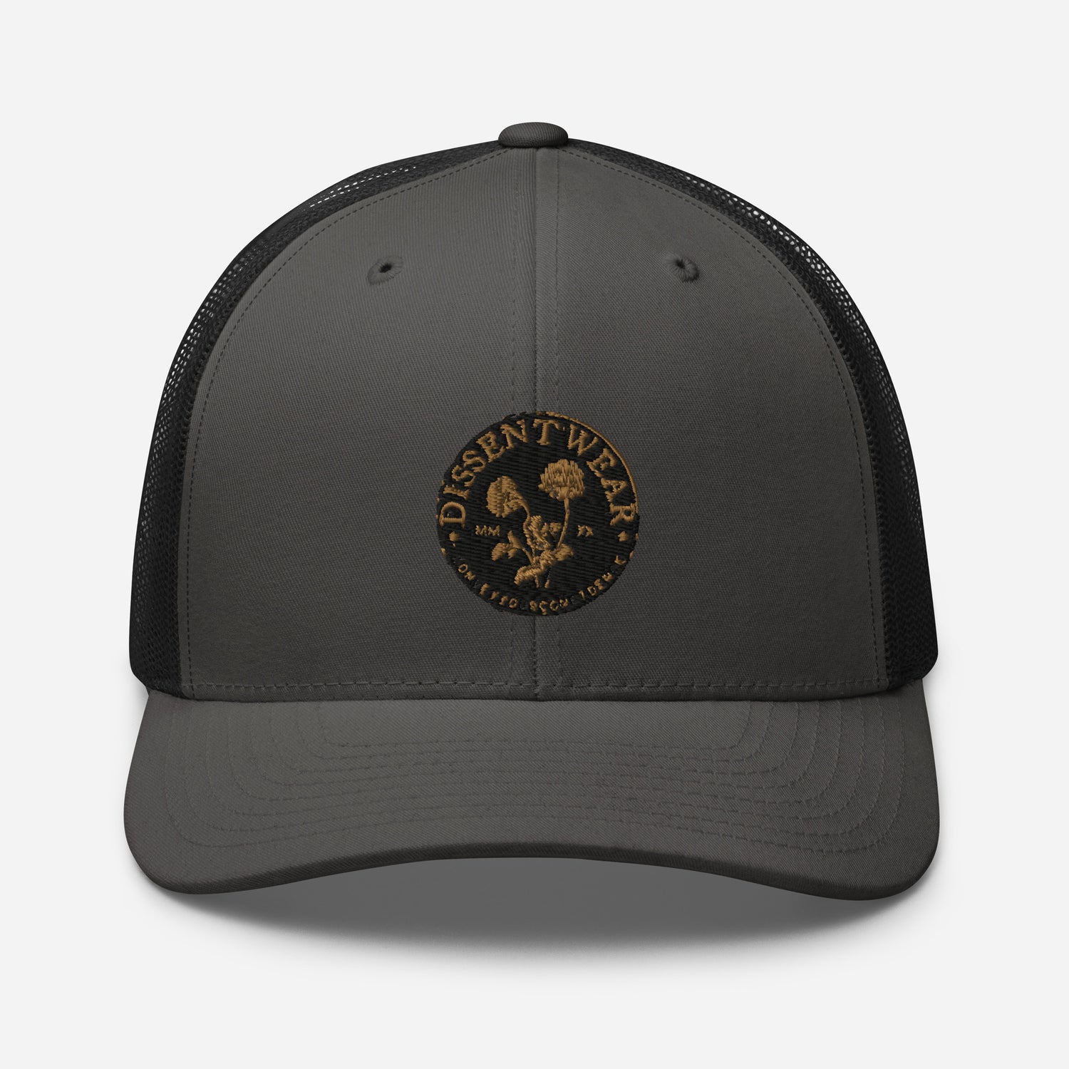 Black and Gold Embroidered Flower Logo Trucker Cap